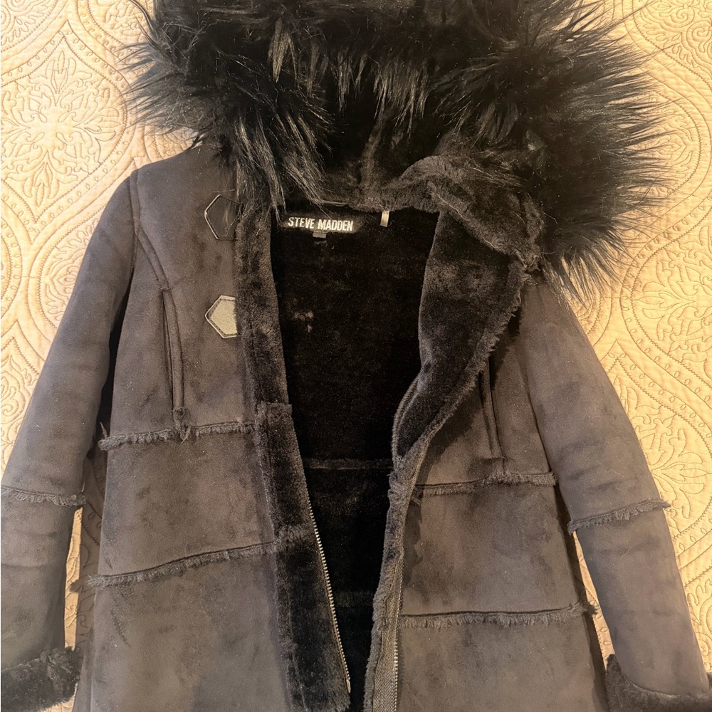 Steve Madden Charcoal black Teddy Jacket with Faux Fur Hood